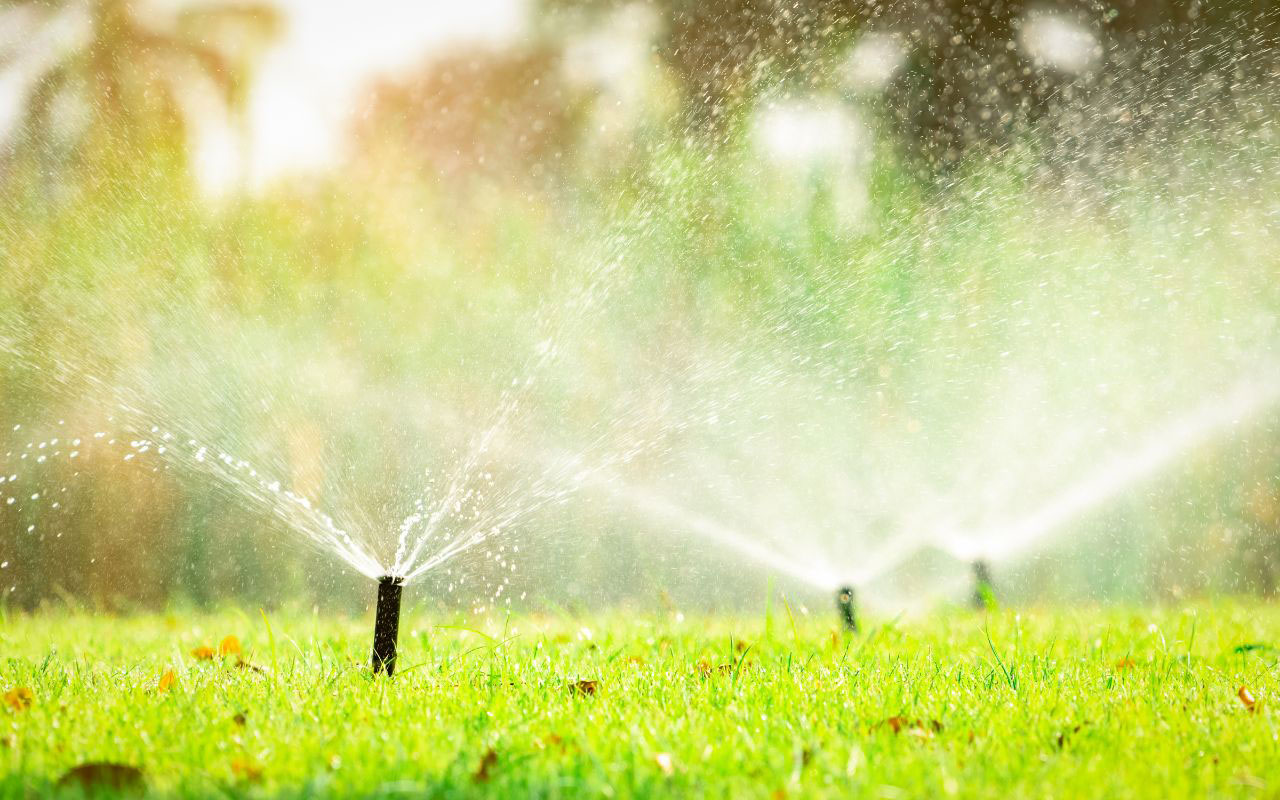 Watering a lush green lawn in summer during early morning hours.